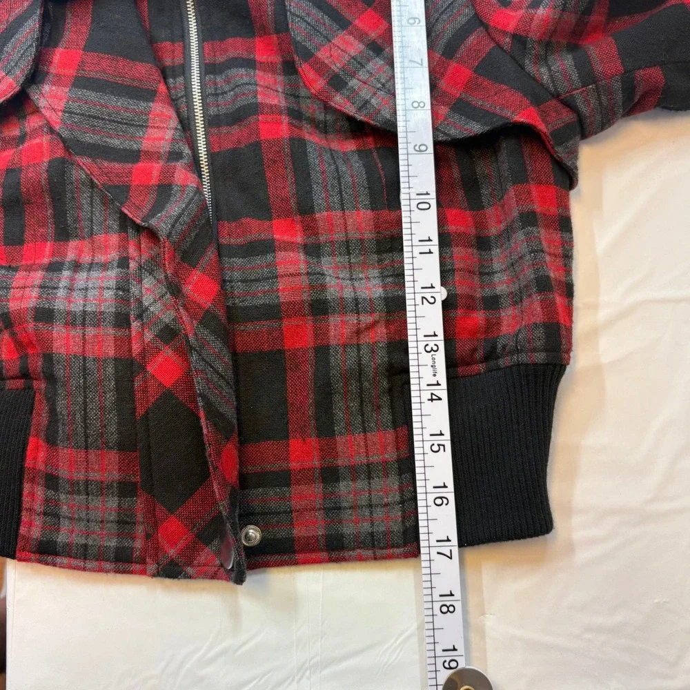 Forever 21 Red Black Plaid Cropped Bomber Jacket Wool Blend 3/4 Sleeve Small Y2K - Picture 9 of 10